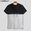 INCERUN Fashion T Shirt Hooded Mesh Patchwork See Through Pullovers Short Sleeve Streetwear Sexy Casual Men Clothing 7 220610