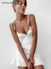 MNEALWAYS18 Pamuk Beyaz Spagetti Kayışı Seksi Bodycon Elbise Kadınlar Breasted Mini Sundress Yaz Dantel Yukarı Bayan Korse 220526