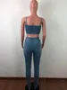 Sexy Denim Two Piece Set Women Tracksuit Summer Clothes Cartoon Patch Strappy Vest Crop Top and Skinny Pants Suits Jeans Outfits 220602
