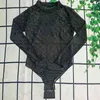 Macacão de renda preta têxtil moda manga longa macacões sexy malha oca cintura alta bodysuit para mulher 7276652