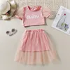 Mädchen Kinder Casual Kleidung Sets Outfits Sommer Kleinkind Brief Drucken Puff Sleeve T Tops Mesh Röcke 2Pcs Kleidung Anzug 220507