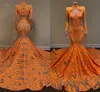 Langarm High Neck Arabic Prom Kleider 2022 Sexy Meerjungfrau Stil Orange Pailletten Applique Afrikanische Blacl Mädchen Abend Gala Kleider