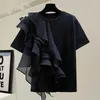 Patchwork Ruffle White Tops For Women O Neck Short Sleeve Casual T Shirt Female Fashion Clothing Summer 220407