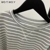 WOTWOY Lose Langarm Gestreiften T-shirt Frauen Frühling Oansatz Casual Baumwolle T-shirt Weibliche Grundlegende Koreanische Tops Harajuku Goth 220326