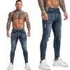 Män jeans gingtto män elastisk midja mager stretch rippade byxor streetwear män denim blå