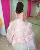 2022 Pink Cute Girls Pageant Dresses Jewel Neck Sleeveless Lace Appliques 3D Floral Ball Gown Ruffles Tiered Tulle Long Flower Girl First Communion Gowns