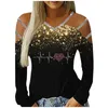 Damskie Bluzki Koszule 45 # Sexy Hollow Out Bluzka Kobiety Rhinestone Drukuj Długie Rękawy V Neck Tee Topy Eleganckie Off Ramię Tuniki S