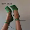 Sexy Green Mesh Women Pumps Sandalias Mujer Square Toe tacones altos Lace Up Cross-tied Stiletto hueco Zapatos de fiesta Mujer 220421