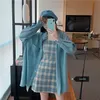 Costume d'été et d'automne bleu chemise de protection solaire + Plaid Sling Slim robe trapèze Style occidental deux pièces femme 220421