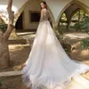 Long Train Boho Beach Wedding Dress Sexy Illusion Bodice Ivory Tulle Fairy A Line Bridal Gowns Button Back Lace Appliqué O-Neck Bride Dresses Vestido De Novia