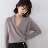 100 ٪ صوف نقي سترات متبكّمة نساء vneck long sleeve القياسي الكشمير المتماسك في فصل الشتاء