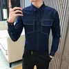 Men's Casual Shirts Korean Slim Fit Denim Mens Jeans Polka Dot Social Fashion Elegant Long Sleeve Black BlueMen's