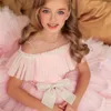 Girl039s klänningar Tiered Pink Flower Girls för bröllop med båge Kort ärmar Pageant Party Kids Formal Wear Princess Födelsedag G4552484