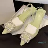 Summer Women Crystal Pumps Elegant Kitten klackar Bröllopsskor Pekade tå Hög Slingback -tyg strass sandaler