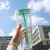 24oz Clear Plastic Tumblers Flat lock Akrylvattenflaskor med färgglad halm 710 ml dubbelväggig bärbar kontor kaffe mugg återanvändbar transparent express