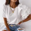 패션 블라우스 여성 우아한 흰색 단색 레이어 레이어 드러글 짧은 슬리브 비대칭 느슨한 티셔츠 여름 여성 블라우스 220523