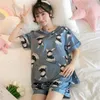 Pajamas Women Summer Thin Section V-neck Imitation Silk Ice Short-sleeved Sleepwear Ladies Home Service 2-piece W220328
