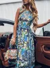 Zomer Dames Zonnejurk Boheemse Bloemenprint Strand Maxi Jurk Vintage O Hals Mouwloos Losse A-lijn Dame Straat Vakantie Jurk 220514