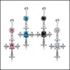 Body Arts Tattoos Art Health Beauty Dangle Cross Belly Button Rings Stainless Steel Fake Gem Inlaid Piercing Navel Barbe Dh20O