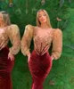 Zarif kırmızı kadife deniz kızı gece elbise kabarık uzun kollu balo elbiseleri kristaller ünlü kadınlar resmi parti yarışmaları 2023 ee