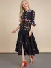 Casual Dresses Linda Della Summer Fashion Designer Black Dress Women's Flare Sleeve Beading Floral Print Single-Breasted Midi Vestidosca