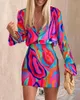 Robes de travail Mode Femmes Été Deux Pice Robe Col Rabattu Impression Abstraite Manches Longues Boutonné Chemise Décontractée Mini Jupe SetWo