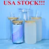 local warehouse!!!sublimation 12oz 16oz glass can glass tumbler with bamboo lid reusable straw beer Can Transparent frosted beer mug Soda Can Cup