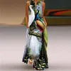 Повседневные платья Vintage Women Printed Boho Maxi Summer Fashion V-образным вырезом без рукавов Длинное платье Ladies Elegant Beach A-line Party VestidosssCasua