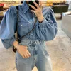 Whitney Wang 2019 Spring Autumn Fashion Streetwear Vintage Style Puff Sleeve Denim Blouse Mulheres Blusas Jean Shirt T200321