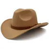 Szerokie brzegowe czapki w stylu etnicznym kowbojowy moda elegancki jazz unisex solidny kolor z wystrojem w kształcie byka Western Davi22