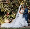 Luxury Ruffles Long Train African Wedding Dresses Mermaid Bridal Gowns Lace Appliques Beaded Sweetheart Corset Chapel Bride Dress 2022