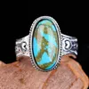 Cluster Rings Vintage Natural Turquoises Ring Bohemian Ancient Silver Color Carved For Women Men Jewelry Accessories Anniversary Gift
