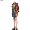 Otoño mujer Vintage Arco Iris rayas estampado lateral Split manga larga blusa camisa vestido moda Vintage Vestidos Vestidos 220516