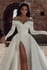 Modern Arabic Dubai Satin A-Line Wedding Dresses Off The Shoulder Short Sleeve Simples Garden Bridal Gowns Sexy High Split Long Train Bride Dress Robe De Mariee Button