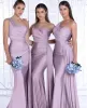 Blush Pink African One Shoulder Mermaid Bridesmaid Dresses Floor Length Wedding Guest Gowns Junior Maid Of Honor Dress Ribbon Party Gown BC12587 0726