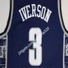 Georgetown Hoyas College 3 Allen Iverson Jersey Üniversitesi Tean Siyah Mavi Gri Allen Iverson Basketbol Formaları Formalarda Gömlek Üniforması