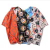 ヒップホップシャツストリートウェアメンハワイアンシャツファイアースカルチェーンハラジュクビーチシャツヒップホップシャツ夏のトップス半袖210701