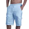 Short en lin pour hommes, multi-sacs noués, salopette de plage, été, ample, couleur unie, pantalon Crock