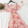 2022 sommer Frauen Rüschen Kurzen ärmeln Chiffon-Kleid V-ausschnitt Hohe Taille Blumen Druck Strand Midi Kleider Backless Sexy Vestidos