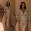 Illusion Mermaid Evening Dresses for Women Long Sleeved V Neck Party Outfits with Detachable Train Flowers Ladies Prom Dress