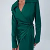 OOTN V-Ausschnitt Satin Wrap Elegant Long Women Fashion Green Sommer A-Line Mid-Cal-Kleider Split sexy Dress Office Lady 220511