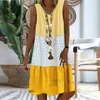 Fashion Casual Women Dot Stripe Color Patchwork Sleeveless V Neck Loose Kne-Length Dress L220705