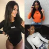 Kadınlar iki parçalı pantolon seksi mektup baskı bodysuits kadınlar kaburga uzun kollu müret