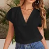 2022 Summer Woman Shirts New Cotton Linen Women V-ringen fast färg Kort ärmskjorta Kvinnor Solid Bluses Damer Kvinnor Kläder L220705