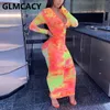 Women Long Sleeve Abstract Printed Bodycon Maxi Dress Slinky Zipper V Neck Dress 220506