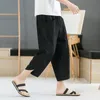 Męskie spodnie męskie bawełniane lniane spodnie luźne luźne przycięte proste zwykłe stałe kolory japoński w stylu sznurka duża kieszeń