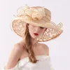 Sombreros de ala ancha, aleros grandes, sombrero de copa de alta calidad de verano con diamantes de imitación, flor, sol, mujer, playa, red de gasa, SpringWide WideWide