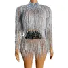 Silver Mirror Sequins BodySuit Tassel Stage Wear Sexy Backless sans pareil Fringe Fringe Mesh DJ Dancer Dancer Team Performance Vêtements Nightclub Bar Rave Show Show Costume