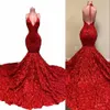 2022 Sexy Dos Nu Rouge Robes De Bal Halter Col En V Profond Paillettes Dentelle Appliques Paillettes Sirène Robe De Soirée Rose Volants Occasion Spéciale Robes De Soirée