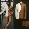 Men's Suits & Blazers Smart Casual Patchwork Men Tuxedos Brown And White Shawl Lapel Blazer Handsome Party Prom Double Breasted Pants SetMen